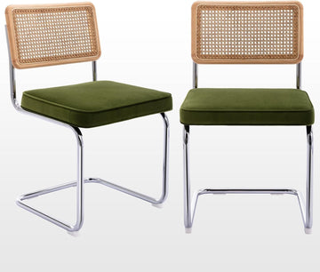 Natural Rattan Dining Chairs Set of 2, Olive Green Modern Kitchen Chairs with Solid Wood Back & Chrome Base