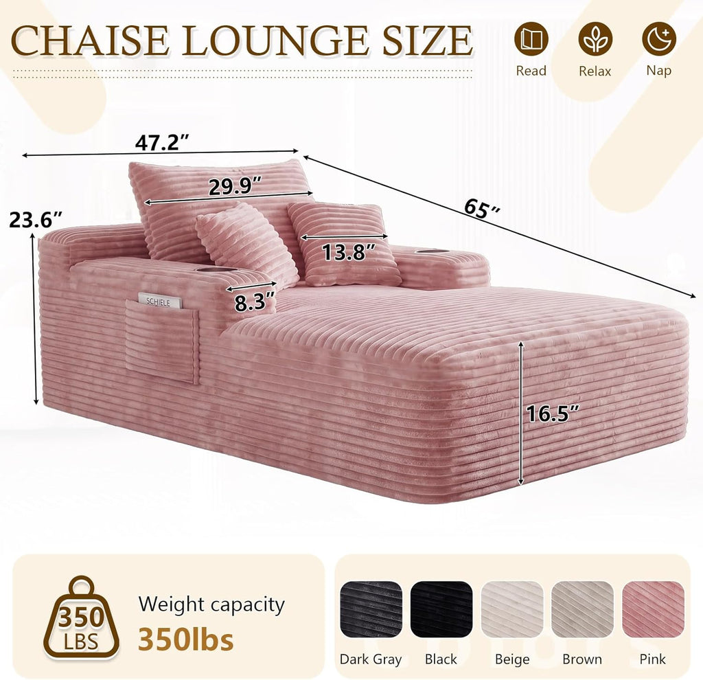 65" Oversized Chaise Lounge Chair Indoor, Boneless Chaise Lounge Chair with Cup Holders Side Pockets 3 Pillows, Cloud