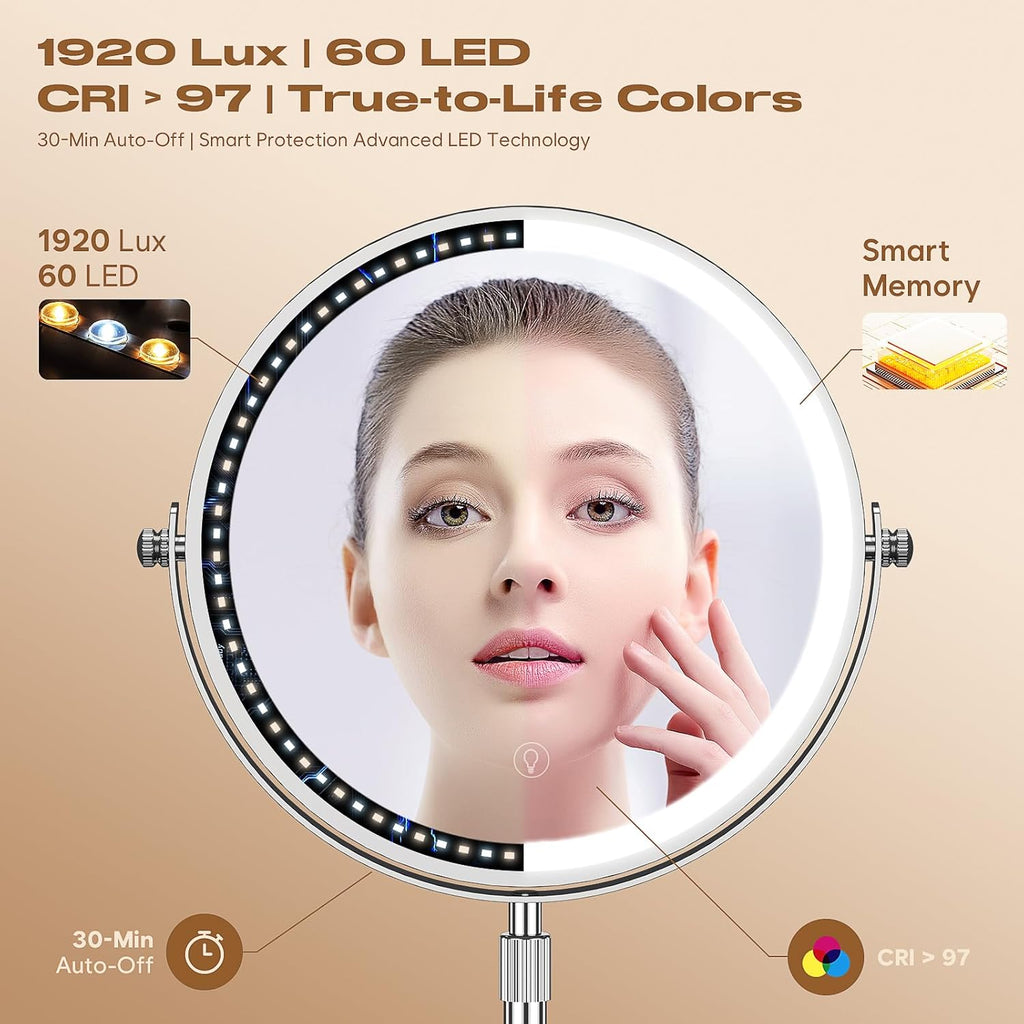 Makeup Mirror with Lights, 1x/20x 360° Rotation Vanity Mirror, Brightness Adjustable Lighted Makeup Mirror with