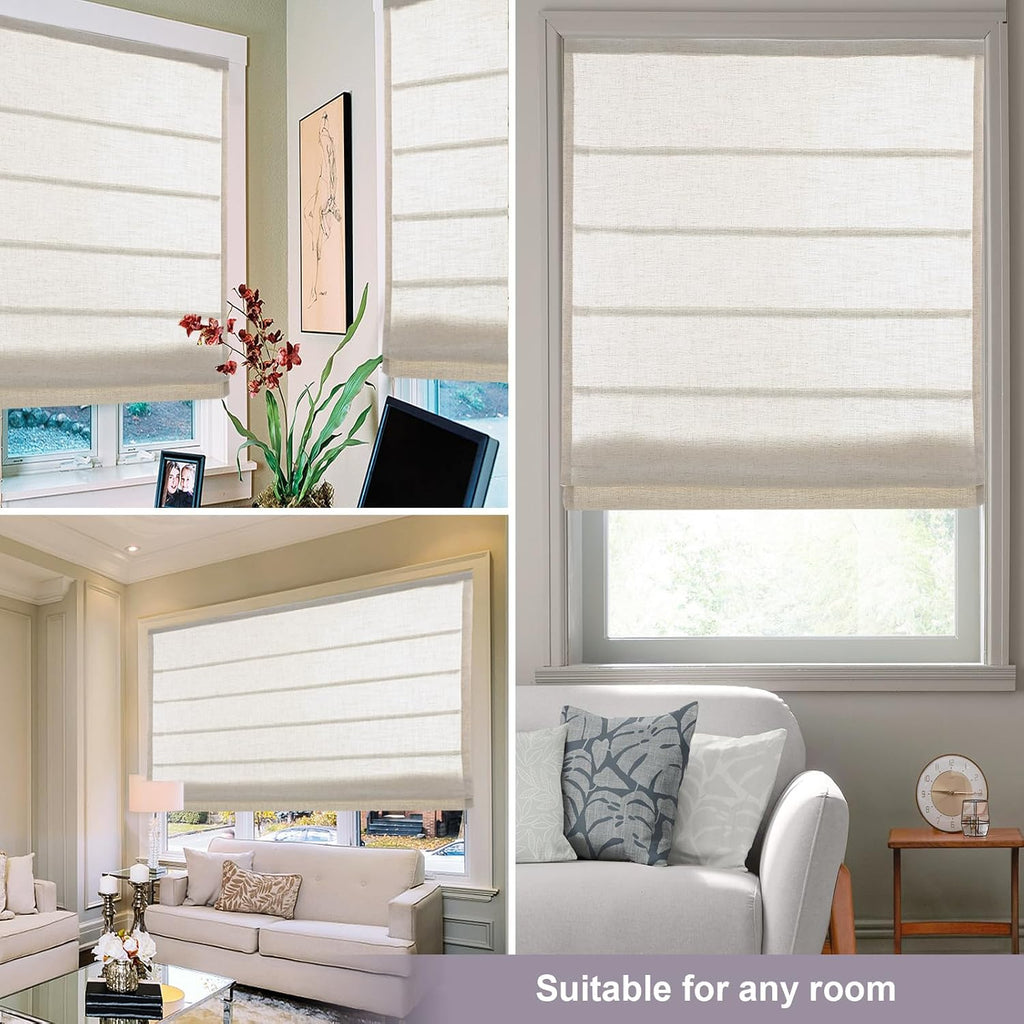 Linen Oatmeal Cordless Roman Shades for Windows, Custom Blackout Light Filtering Roman Window Shades, Washable Fabric