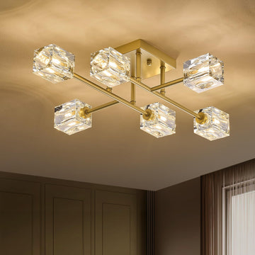 24" Gold 6-Light Luxury Semi Flush Mount Ceiling Light Modern K9 Crystal Kitchen Island Sputnik Chandelier for Dining