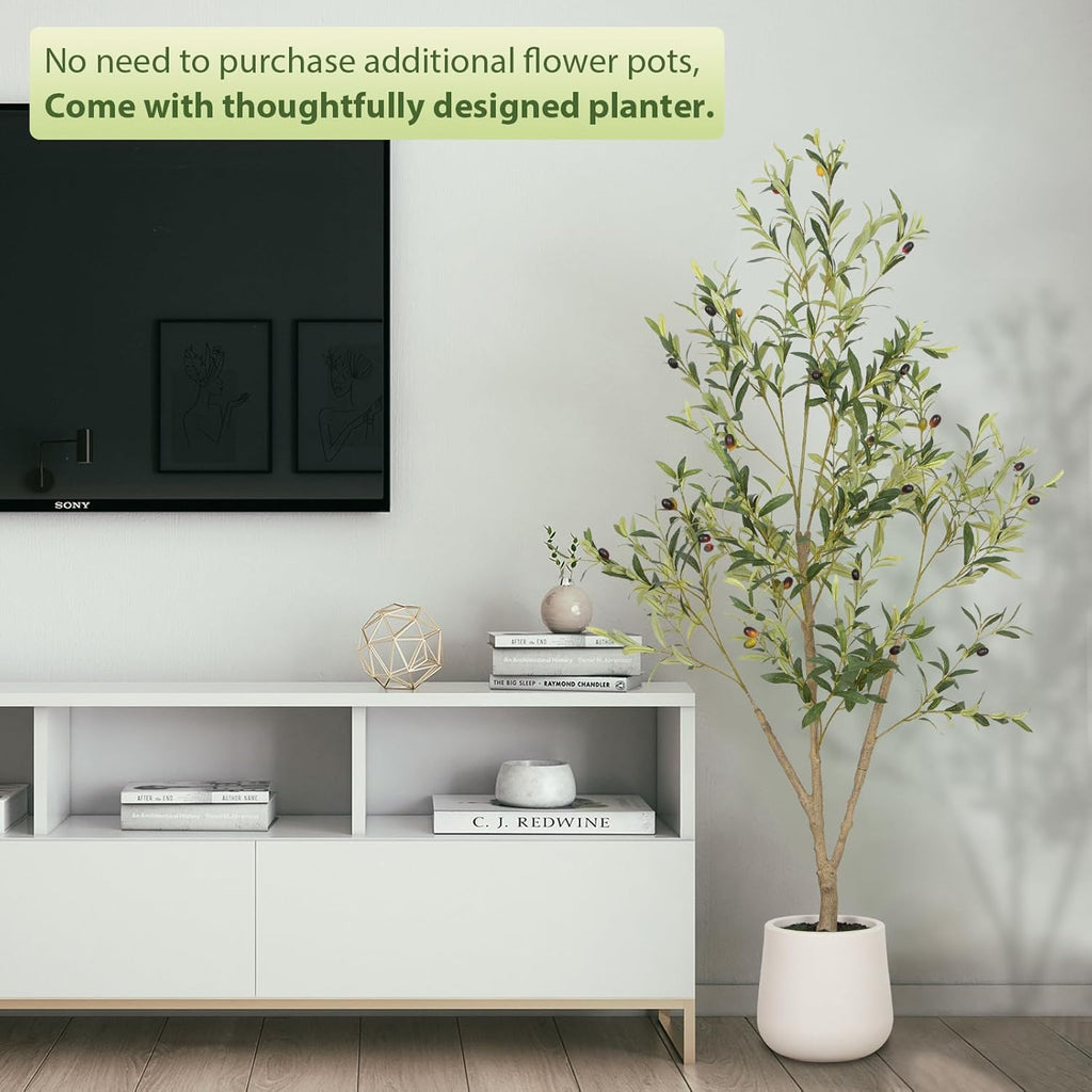 Olive Trees Artificial Indoor, 7FT Tall Faux Olive Tree with White Tall Planter, Artificial Plants with Natural Wood
