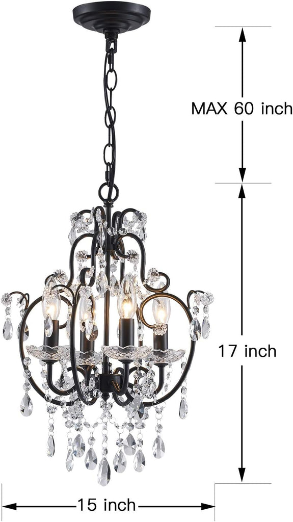 4-Lights Crystal Chandelier with K9 Crystals, Black Farmhouse Style Pendant Light Fixture, H17 x D12, Chain Adjustable