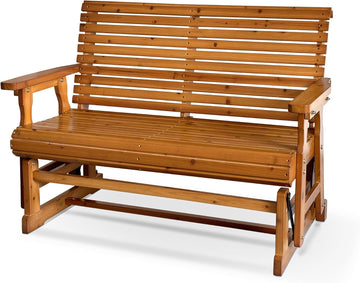 Wooden Patio Glider with High Roll Back and Deep Contoured Seat, Solid Fir Wood, 2-Seater, Heavy Duty 800 LBS, 4 Ft.