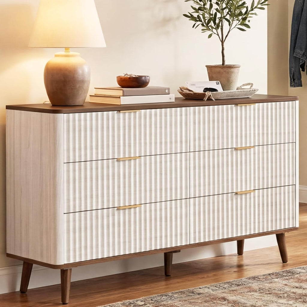 Fluted 6 Drawers Dresser, 47" Wide Wooden Chest of Drawers, Modern Mid Century Storage Closet Long Large Dresser