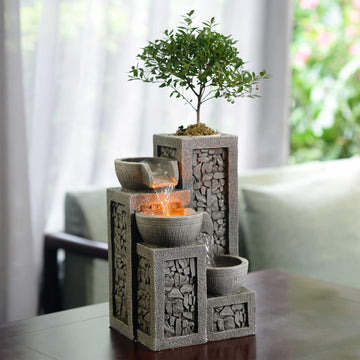 Indoor Tabletop Water Fountain - 3-Tier Resin Waterfall with LED Lights, Mini Bonsai Planter & Cascading Water Flow