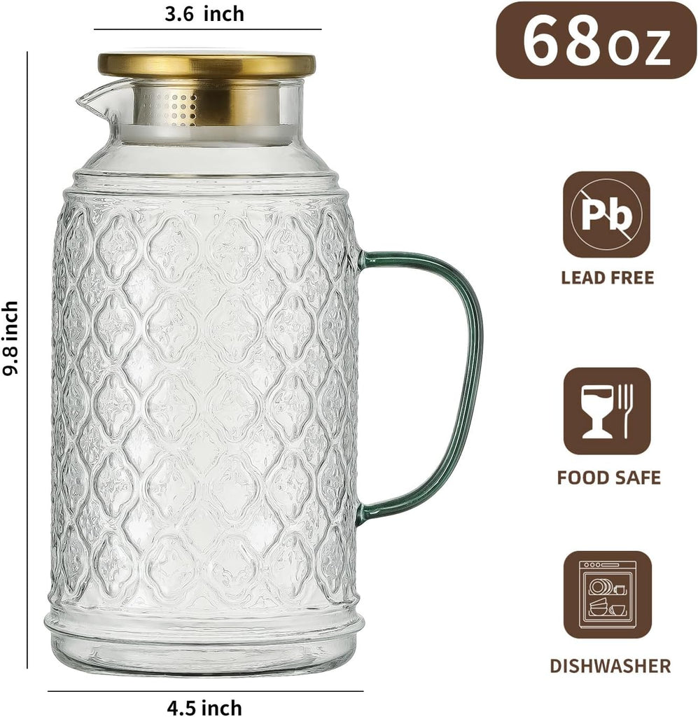 Glass Pitcher with Lid, 2 PACK 68 oz/2 Liter Vintage Water Pitcher, Clear Borosilicate Glass Water Carafe for Cold