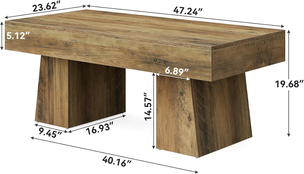 Farmhouse Coffee Table, 47 Inches Wooden Rectangular Accent Center Tables with Thick Base