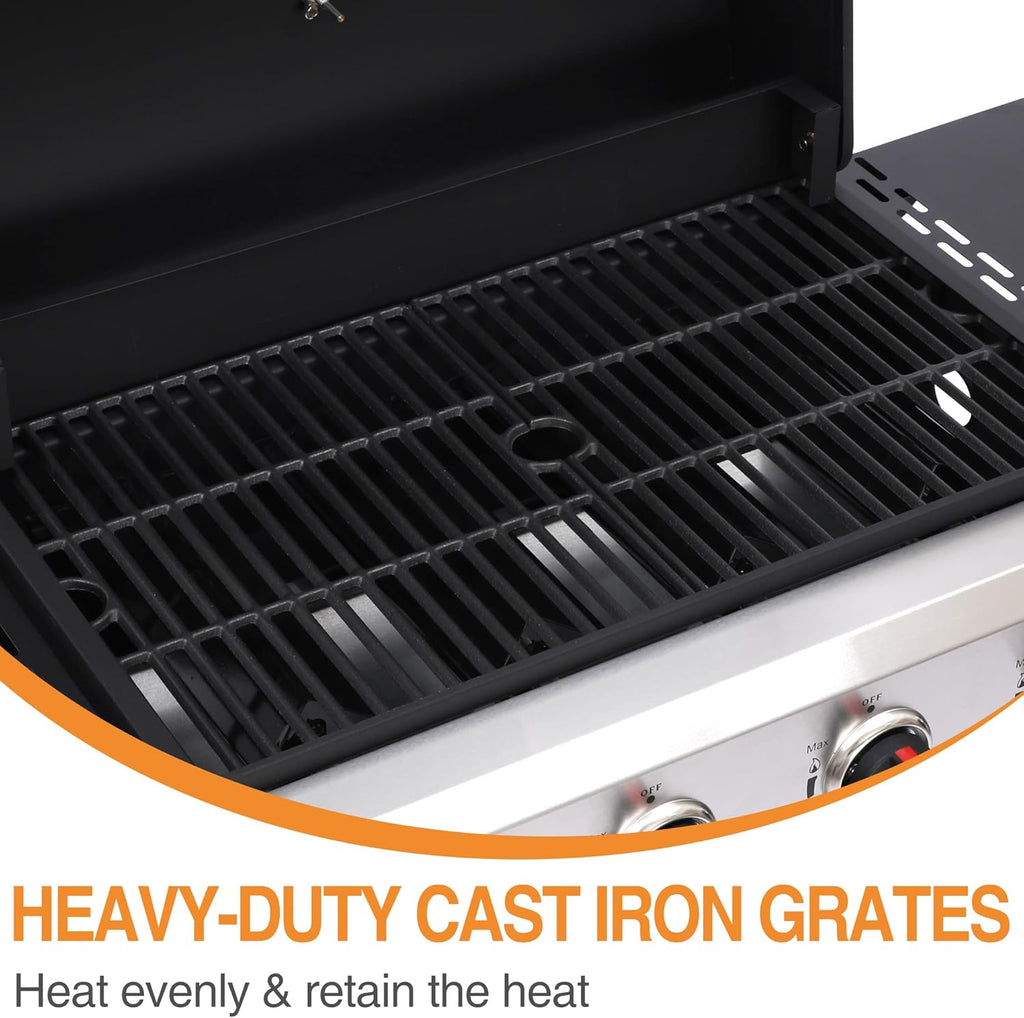 3-Burner Propane Gas Grill, 30,000 BTU Outdoor BBQ Grill with Cast Iron Grates, Stainless Steel Griddle Pan and Wheels
