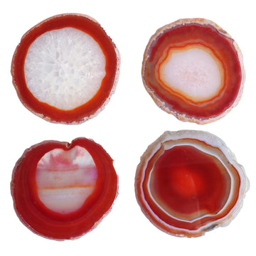 Natural Agate Coasters Set of 4 - Dyed Orange Red Irregular Circle Stone Drink Coasters with Rubber 3-4" Unique Home