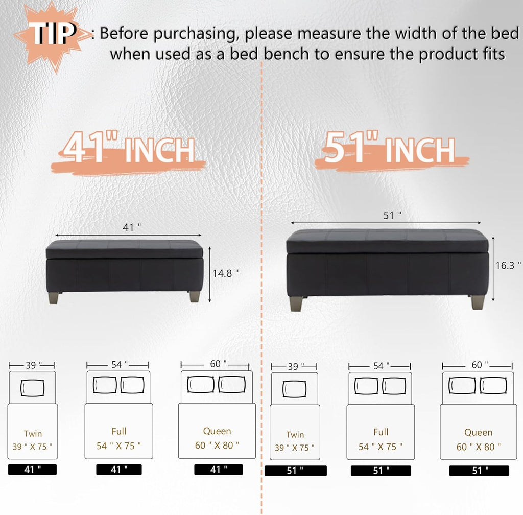 41" Storage Ottoman, Storage Bench with Safety Hinge, Upholstered Synthetic Leather Ottoman Bench , Foot Rest