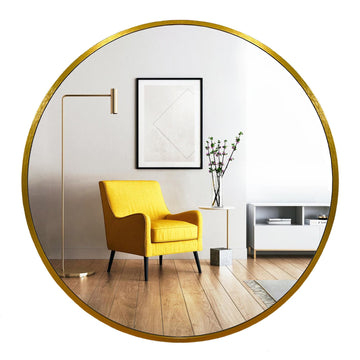 Round Mirror, 24 inch Glold Circle Mirror, Bruhsed Gold Metal Frame