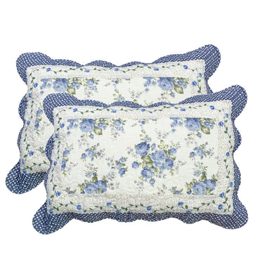 2-Piece Boho Cotton Quilted Bed Pillow Shams Floral Printed Patchwork Pillow Shams Set, Standard Size (510 Blue