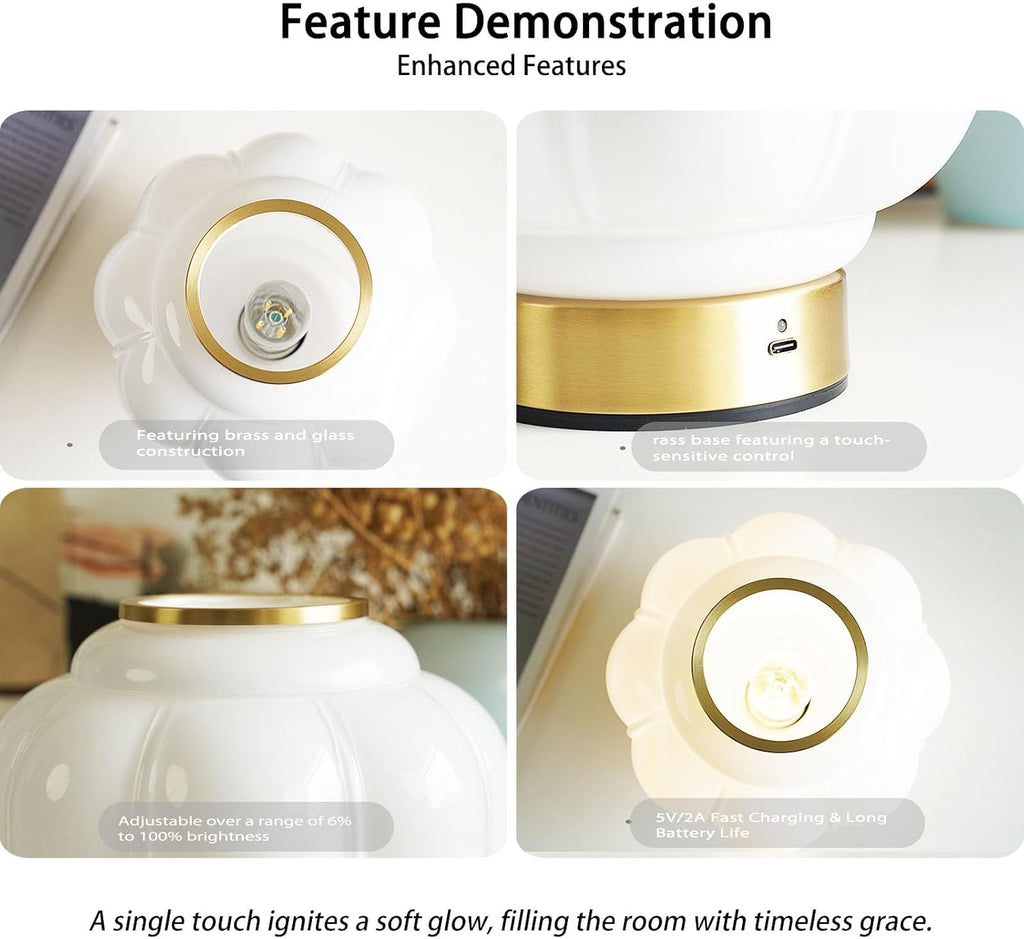 Mushroom Lamp, Cordless Rechargeable Table Lamp with Brass Base & White Glass Shade, 4W Dimmable Bedside Table Lamp