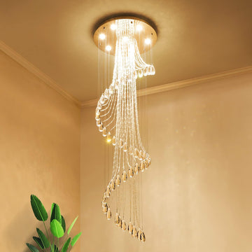 Modern K9 Crystal Spral Raindrop Chandelier Lighting Flush Mount LED Ceiling Light Fixture Pendant Lamp for Dining Room Bathroom Bedroom Livingroom 7 GU10 Bulbs Required H71" X D24"