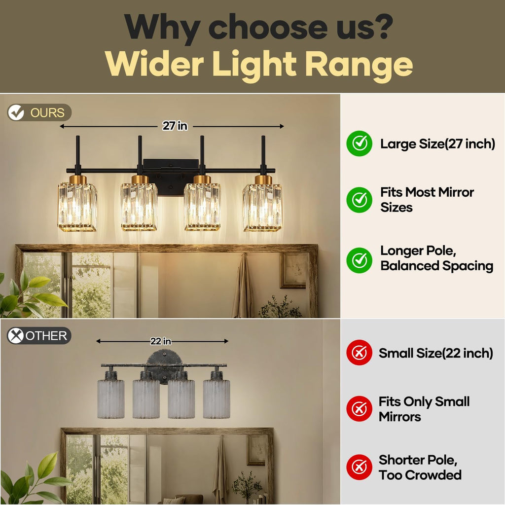 Modern Crystal Bathroom Vanity Light 4-Lights Gold Bathroom Light Fixtures Over Mirror Black and Gold Vanity Lighting