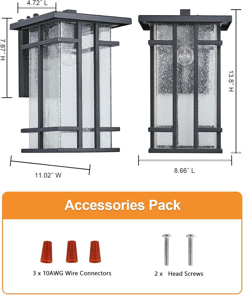 Rustic Dusk to Dawn Outdoor Wall Light Fixture 13.8"H Waterproof Exterior Wall Sconces Black Metal with Seeded Glass