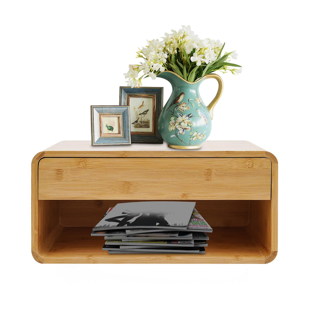 Bamboo Floating Nightstand with Storage Drawer, Wall Mounted Bedside Table End Tables with Open Shelf, Bedside