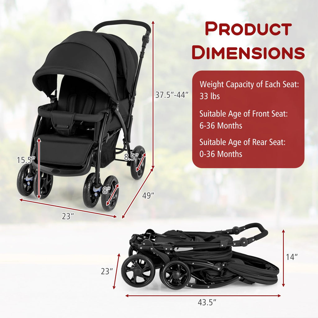 Double Stroller, Foldable Lightweight Infant Twin with Tandem Seating, 5-Point Harness, Recline Seat, Storage Basket