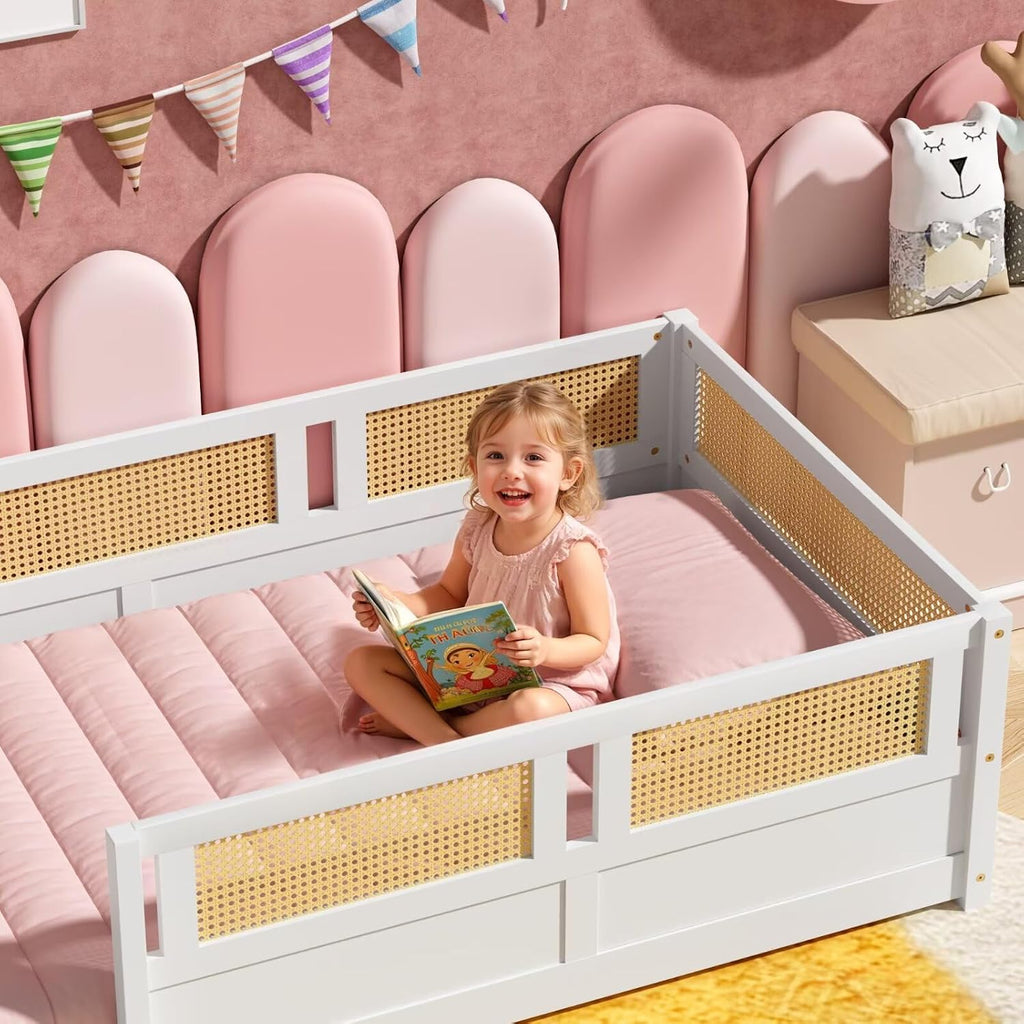 Twin Size Floor Bed with PE Rattan High Fence, Wood Montessori Bed Frame with Slats for Children Girls Boys, White