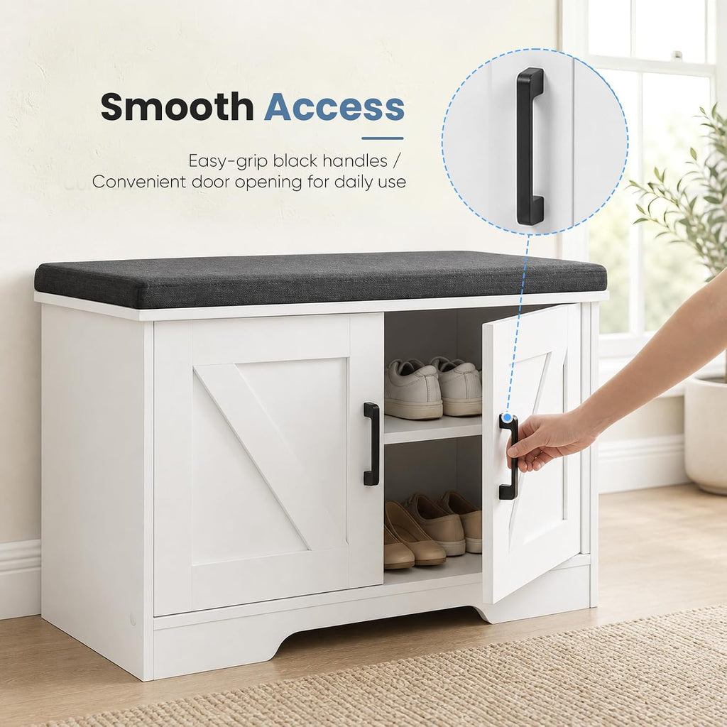 Shoe Storage Bench with Cushion, 27.6IN, White | Shoe Organizer Cabinet with Padded Cushion and Doors, Adjustable