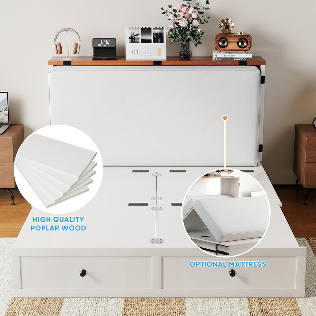 Murphy Bed Queen with Tri-Folding Mattress, X-Frame Cabinet Bed with Charging Station and Storage