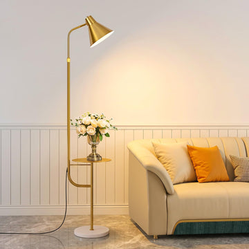 Gold Brass Brushed Floor Lamps with Side Table, Dimmable Light
