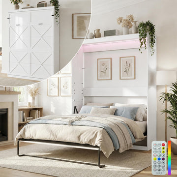 Full Murphy Bed, Cabinet Wall Beds, Modern Vertical Murphy Chest Beds with Durable Gas-Lift, Space-Saving Hidden