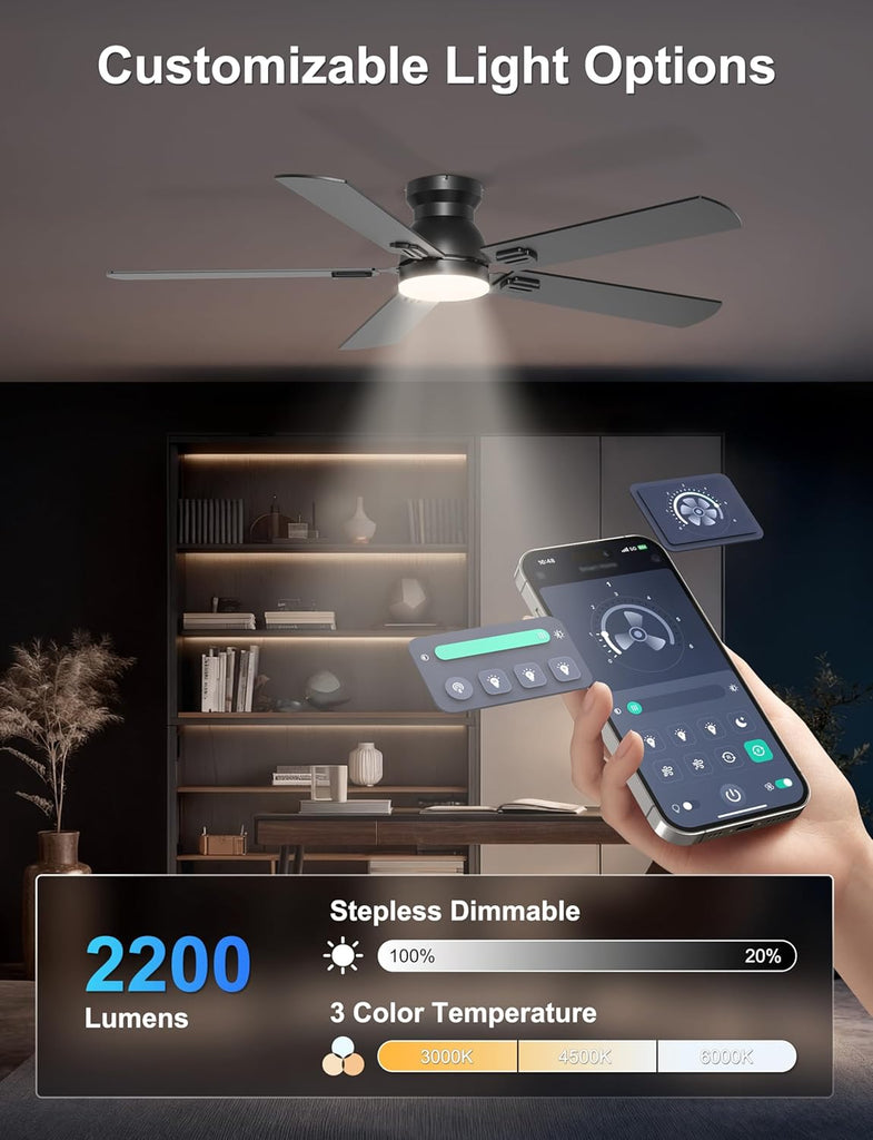 52'' Flush Mount Ceiling Fan with Lights, Space-Saving Low Profile for Low Ceilings, App/Remote Control
