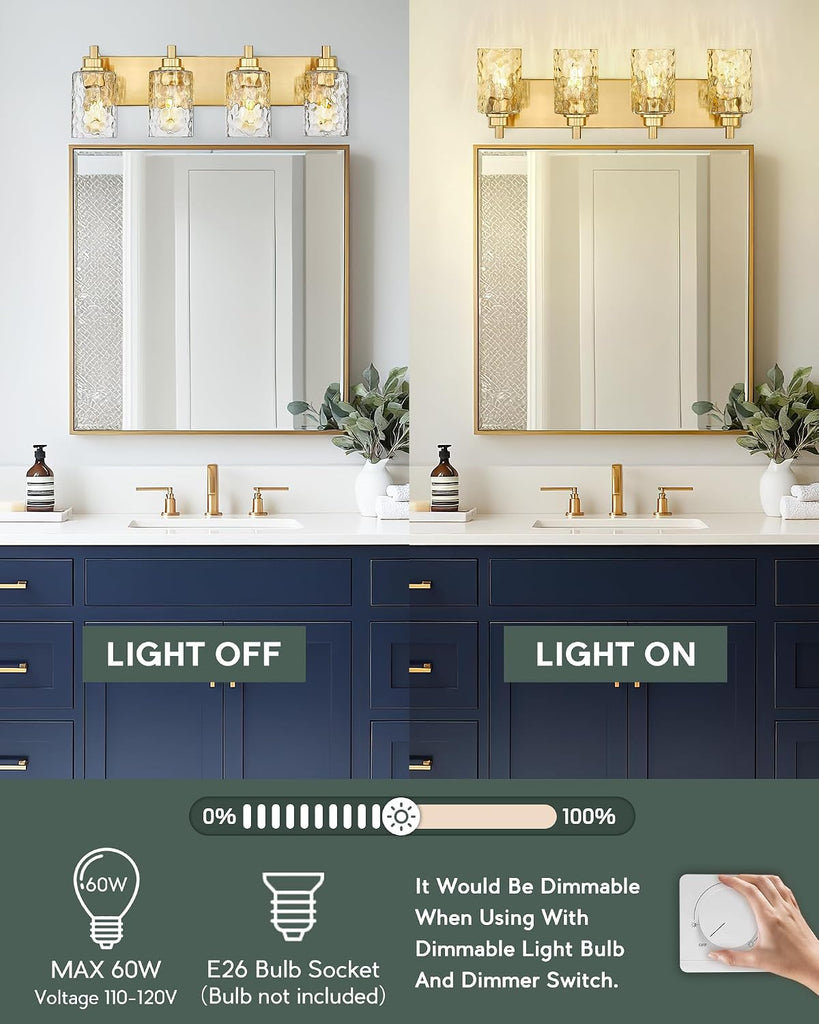 4-Light Brushed Gold Bathroom Vanity Light, Hammered Cylinder Glass | 24.5" modern bathroom light fixtures over