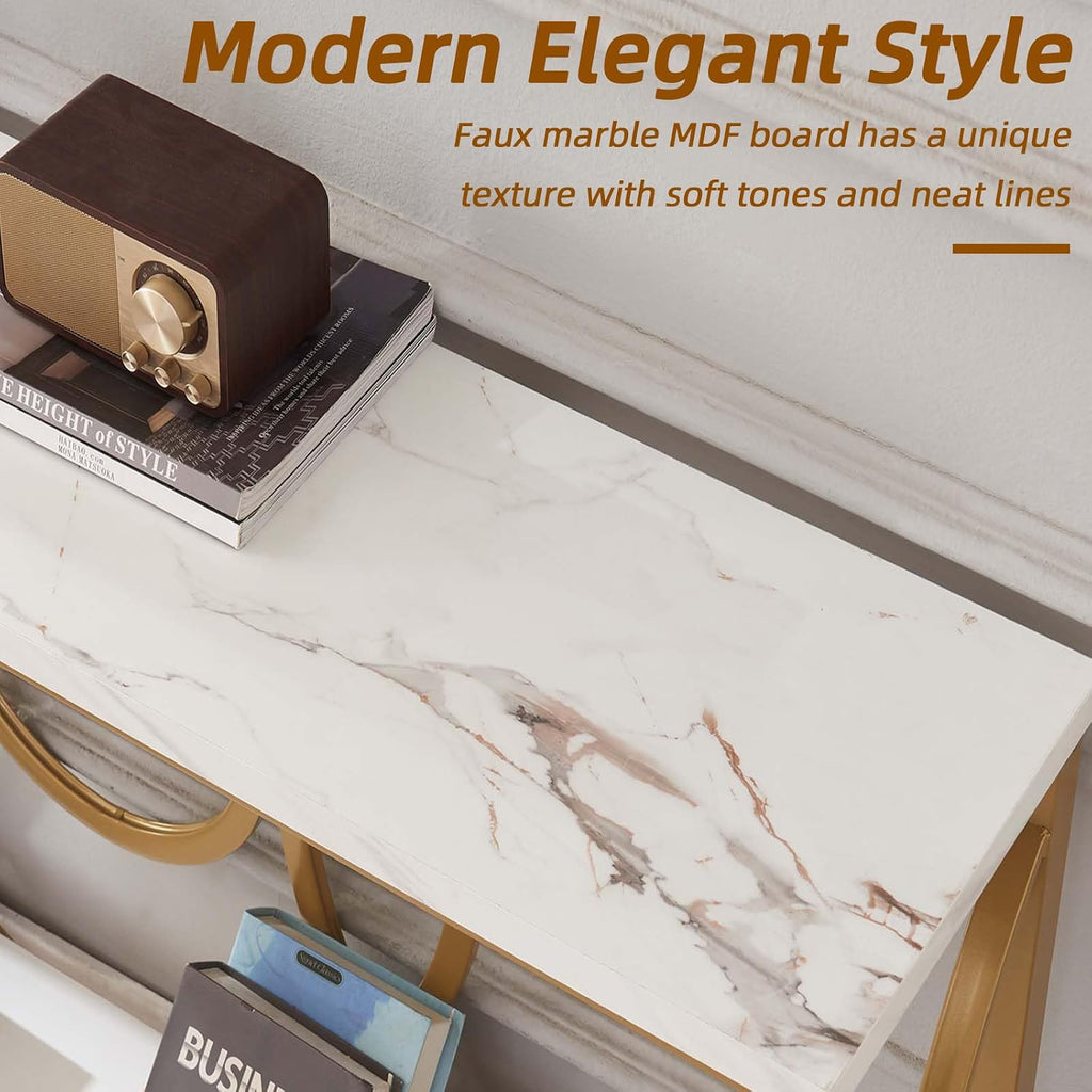 Sofa Console Table, Modern Gold Console Table with Faux Marbled Tabletop, Engineered Wood Entryway Tables with 2 Tier