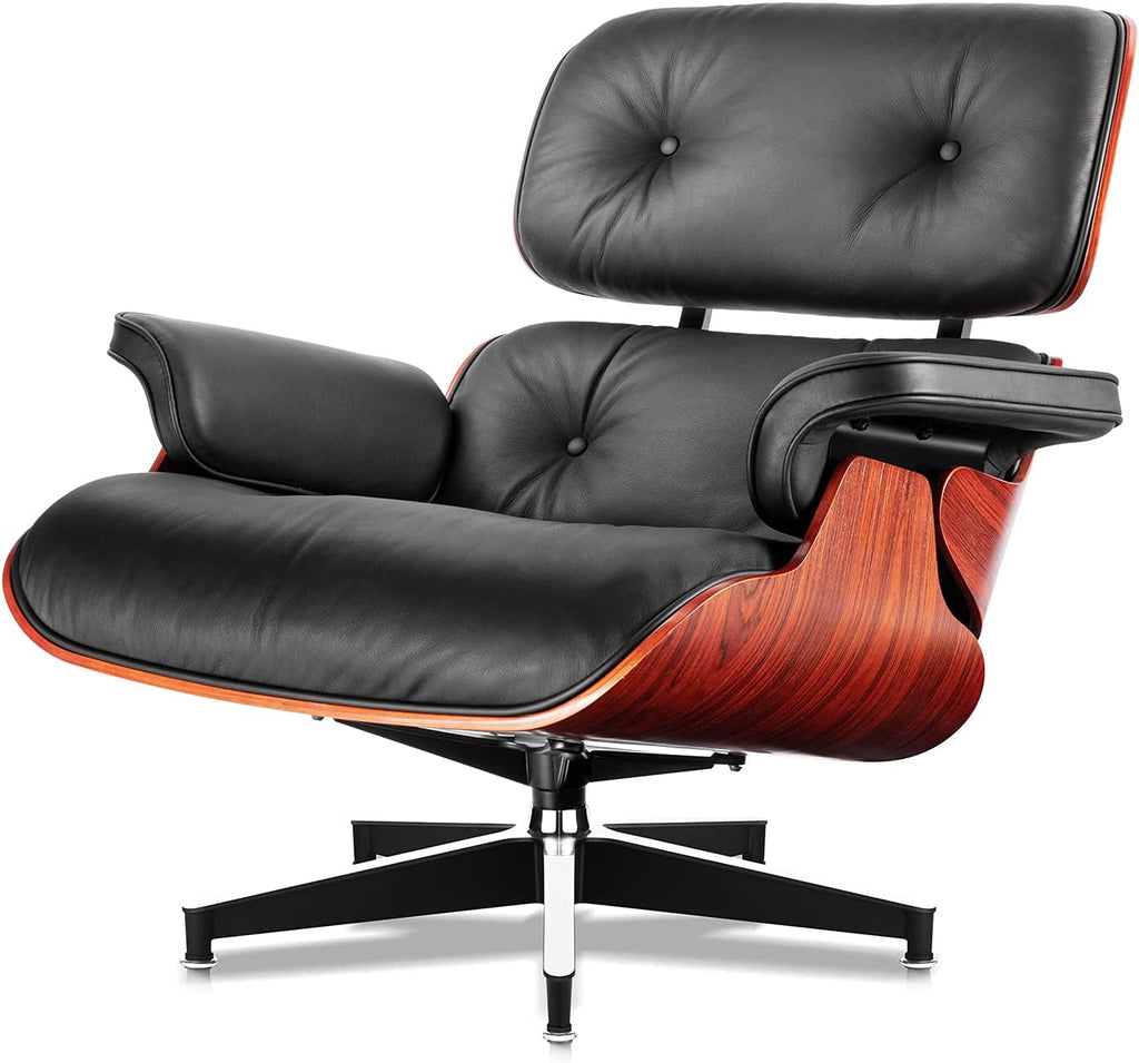 Mid-Century Modern Lounge Chair & Ottoman — Black Bonded Grain Leather, Rosewood Base, Tall Back