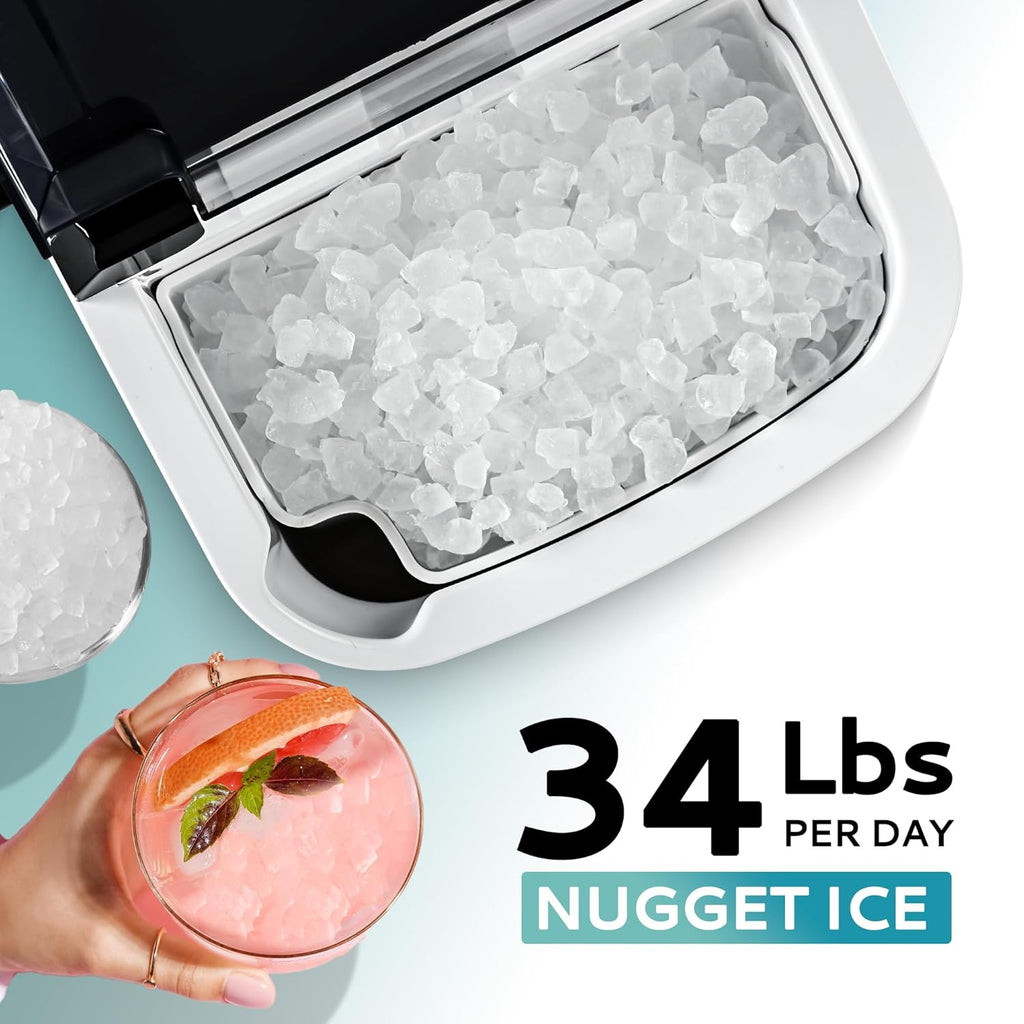 Nugget Ice Maker Countertop with Handle, Ready in 6 Mins, 34lbs Per Day, Removable Top Cover, Auto-Cleaning, Portable