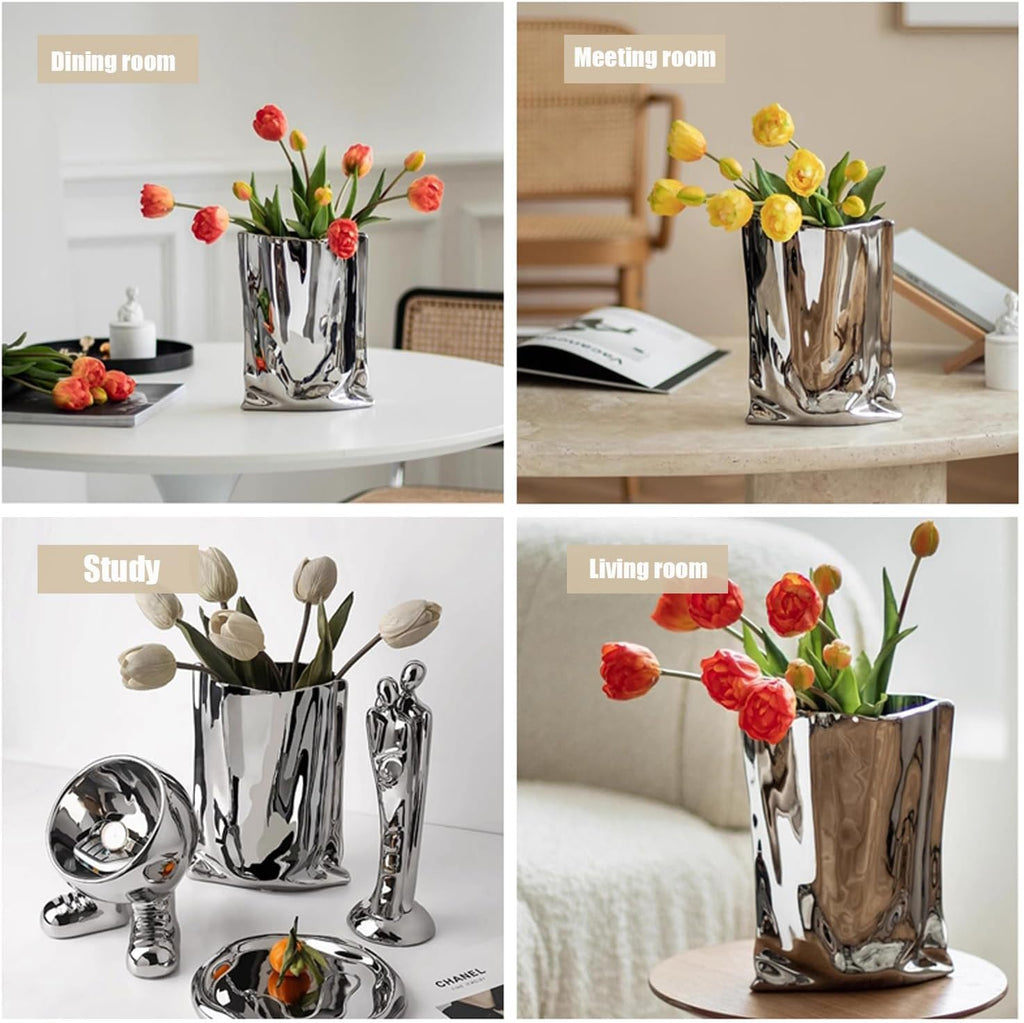 Ceramic Silver Flower Vase, Crinkle Paper Shape, Metal Decorative Home Accent (Large)