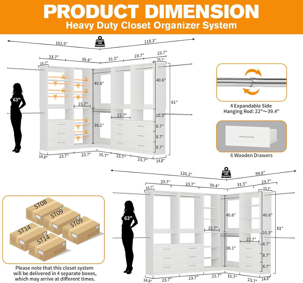 Closet System with 4 Sets, 8.5FT-21.5FT Corner Closet Organizer System with 9 Drawers & 12 Shelves & 8 Hanging Rods