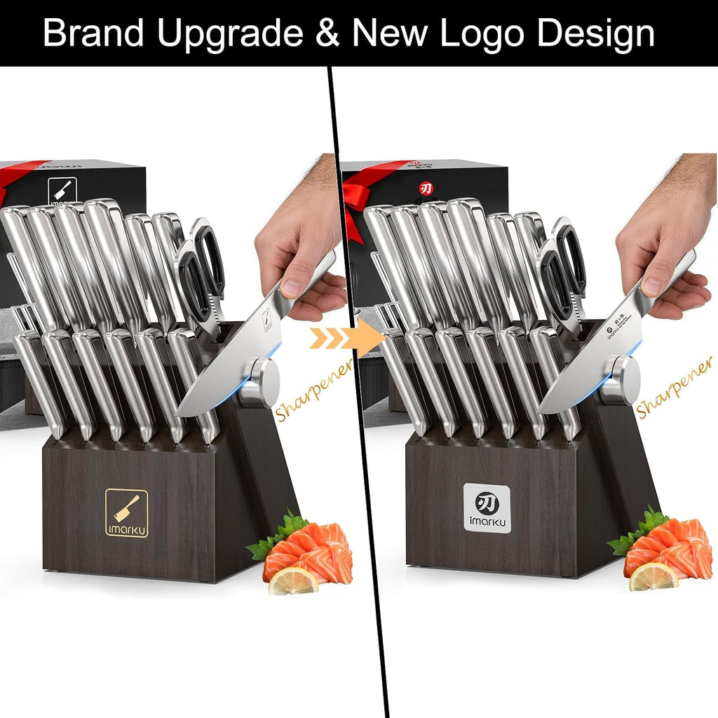 Knife Sets with Block G14 Japanese Knife Set Stainless Steel Kitchen 14pcs, Built-in Sharpener, Sharp Knives with