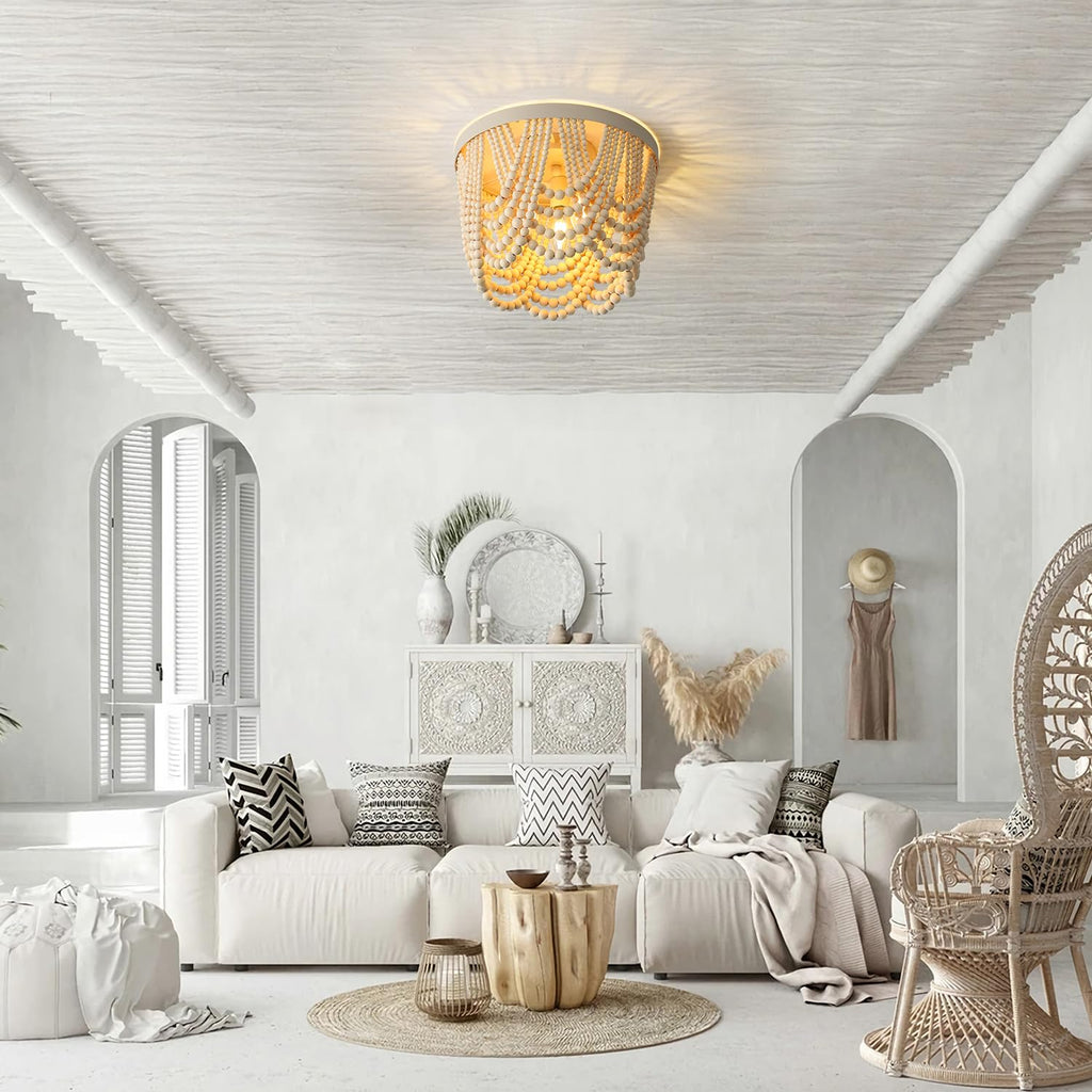 RyalQ Boho Ceiling Light 3 Light Wood Beaded Chandelier