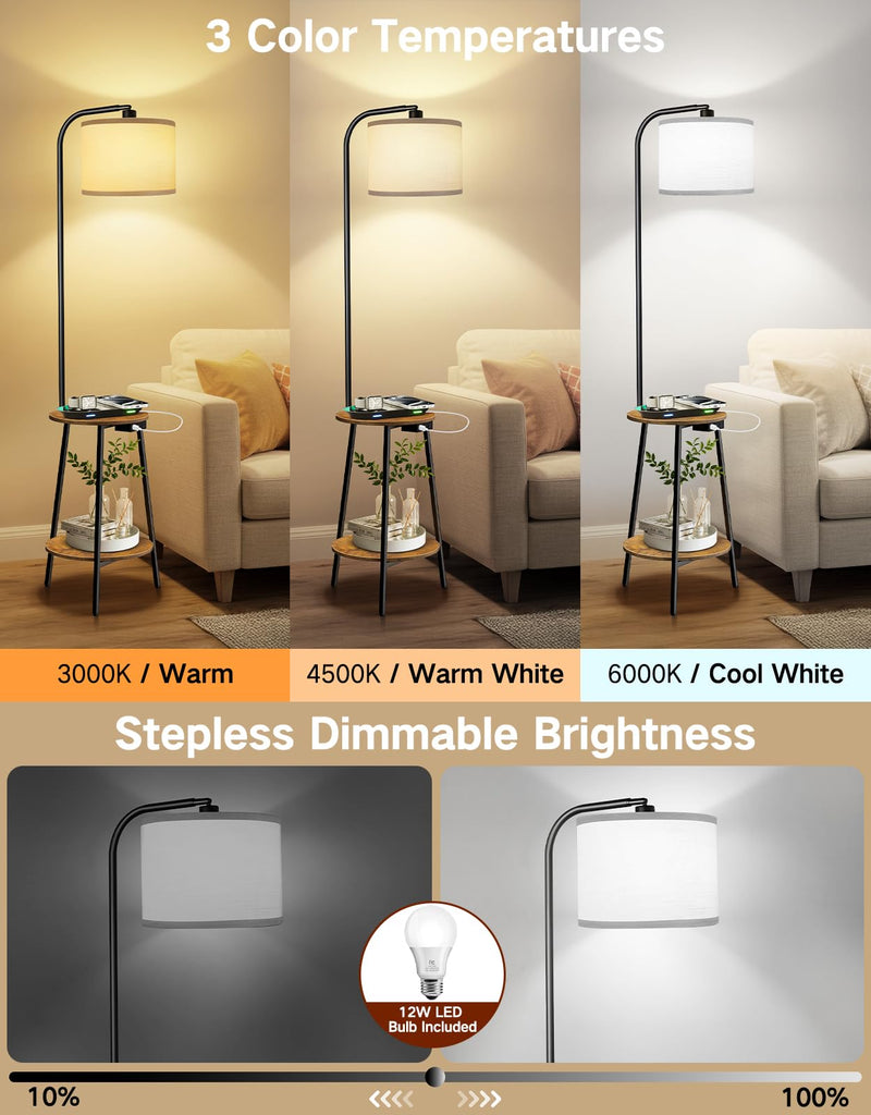 Floor Lamp with Round Table, Dimmable LED Standing Lamp with Remote, 3 Color Temperatures, Side Table with Charging