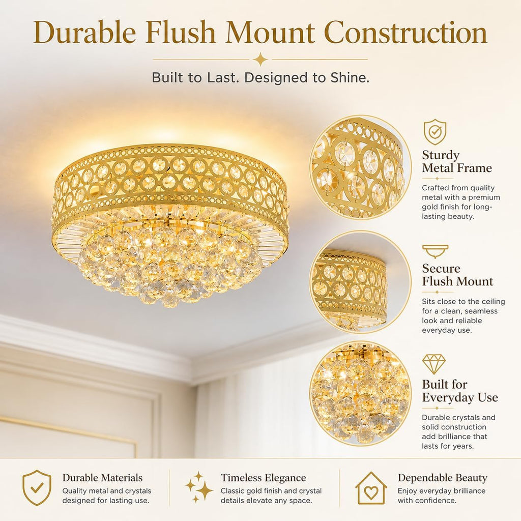 Luxury Crystal Ceiling Light Fixture, 20 inch Flush Mount Chandelier, Modern Round K9 Crystal Ceiling Light for