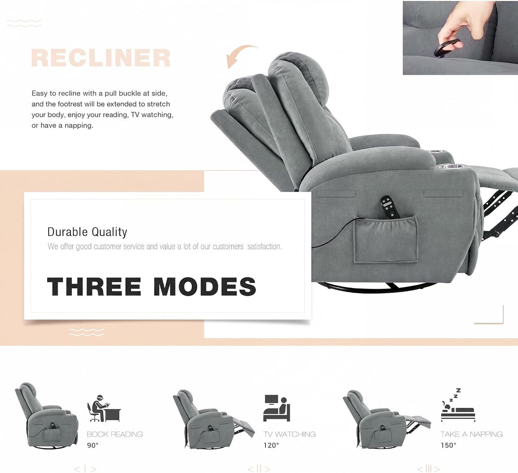 Rocking Chair Recliner Chair with Massage Swivel Ergonomic Lounge Chair Classic Single Sofa with 2 Cup Holders Side