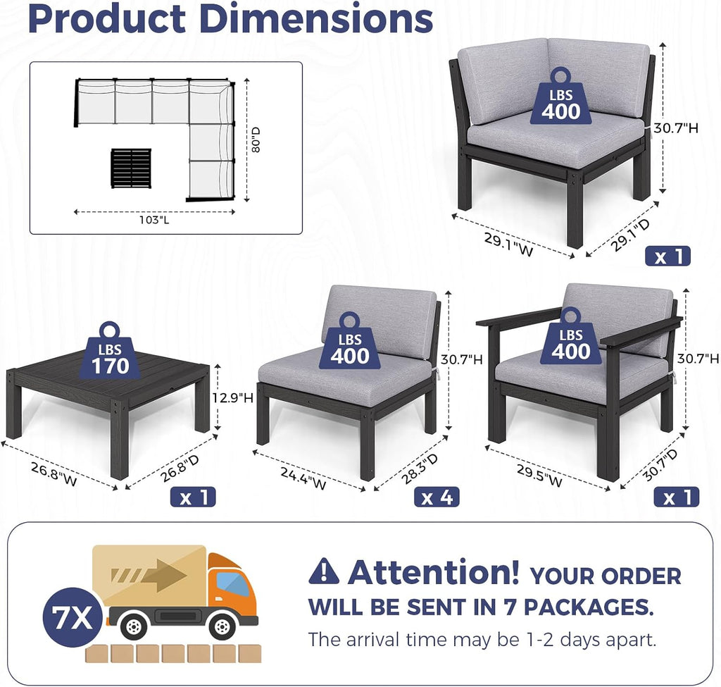 Modular Outdoor Patio Conversation Set, 7-Piece L-Shaped Sectional Sofa Set with Coffee Tables & Thick Cushions, Easy