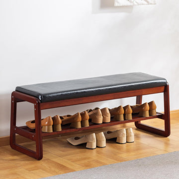 Solid Wood Bench, Entryway Shoe Bench with Cushion, 2 Tier Shoe Storage Organizer (Black, 39.70''L)