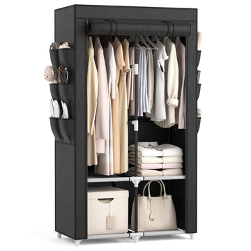 Portable Closet Wardrobe Closet for Hanging Clothes with 4 Storage Shelves, 2 Hanging Rods and 6 Pockets, Stable and