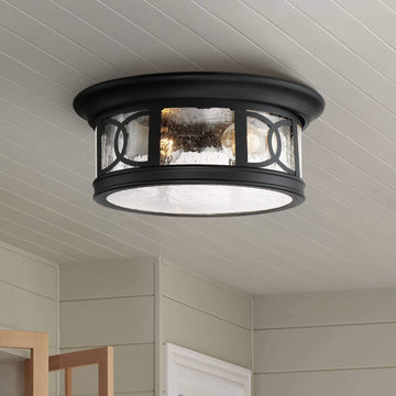 Capistrano Mission Flush-Mount Outdoor Ceiling Light Fixture Black 12" Seedy Glass Damp Rated for Exterior House