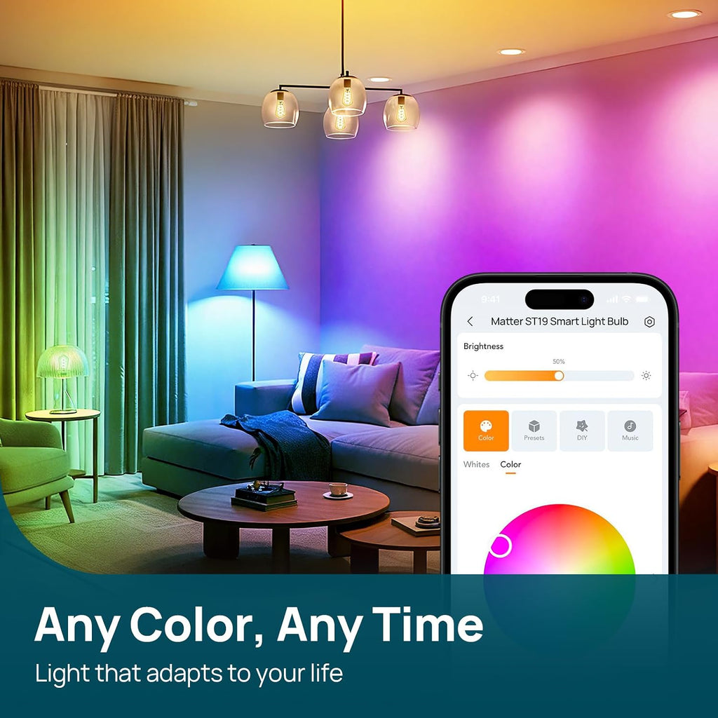 Matter Smart Bulbs, ST19/ST58 E26 Led Bulb Compatible with Alexa, Smart Light Bulbs, WiFi Bulbs, RGBTW Color Changing (1 Pack)