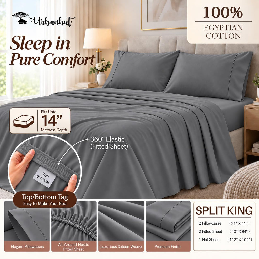 100% Egyptian Cotton Sheets Split King Size Sheet Set - Charcoal Grey