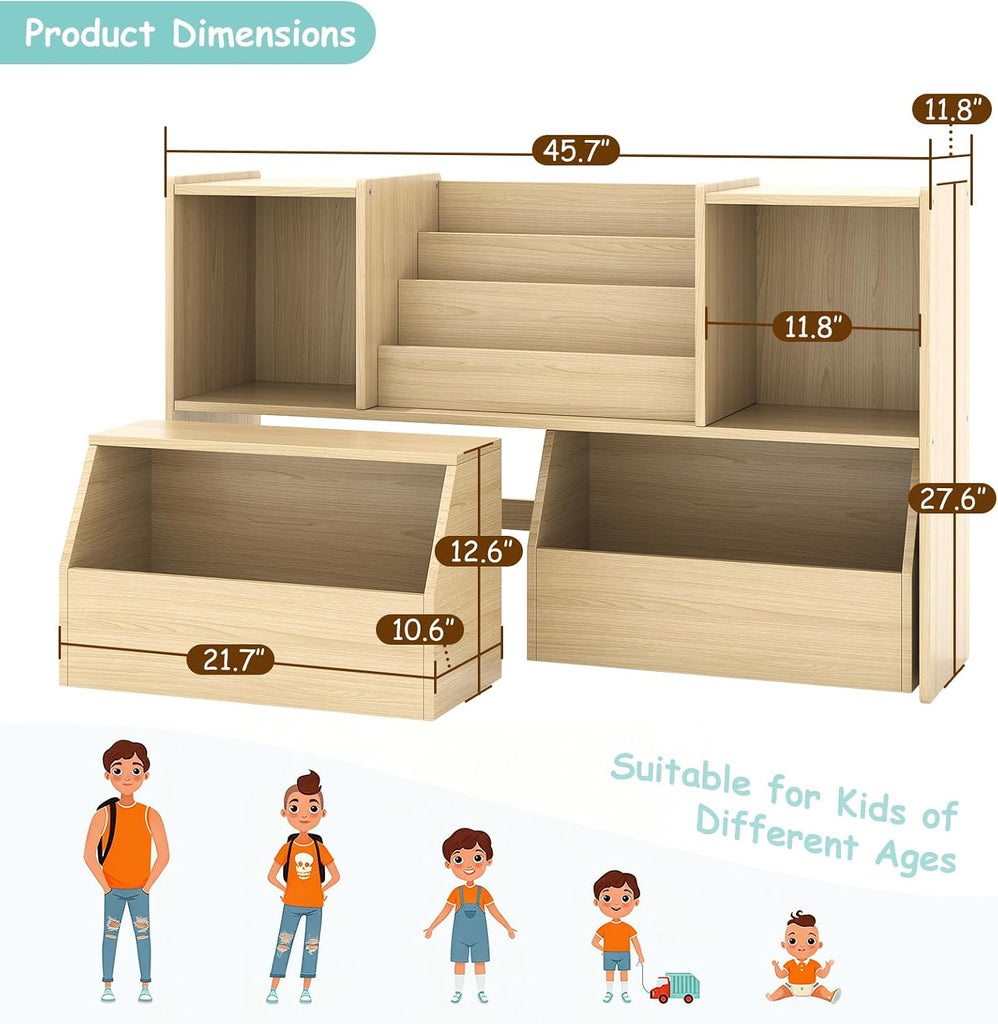 Solid Wood Kids Bookshelf and Toy Storage Organizer, 3-in-1 Montessori Bookcase with Storage Cubbies and 2 Rolling