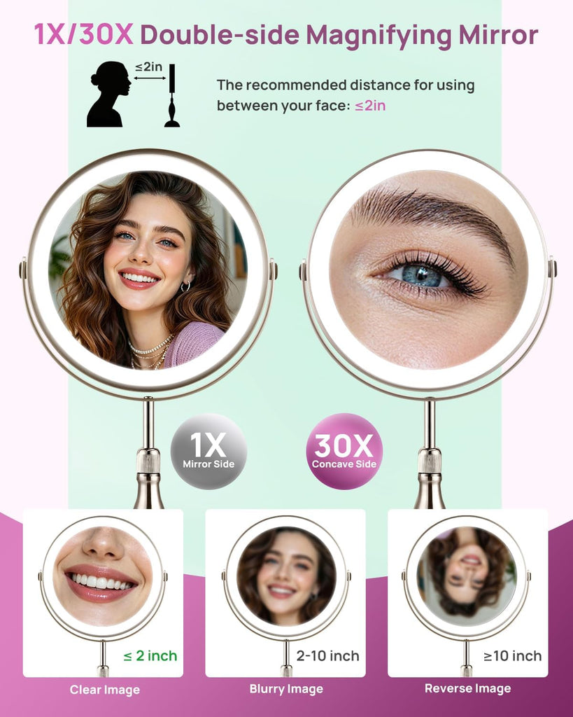 30X Magnifying Mirror with Lights, 8" Height Adjustable Makeup Mirror, Rechargeable 5000mAh, 30x Double