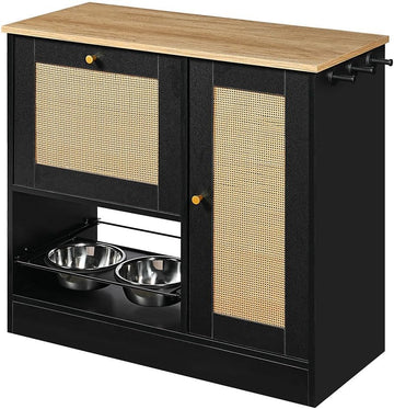 Pet Feeder Station Storage Cabinet, Hidden Pet Feeder Station with 2 Elevated Dog Bowls and Side Hooks, Cat Feeding