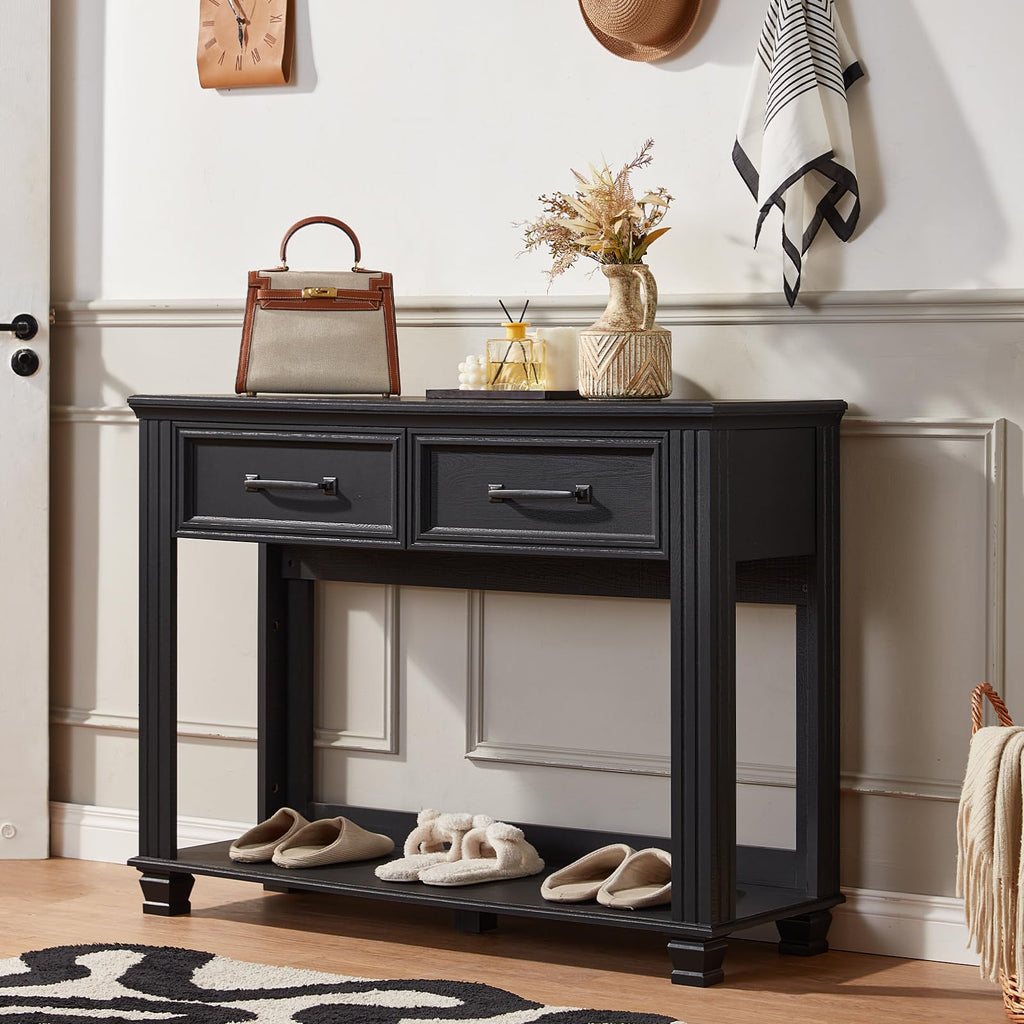 46" Farmhouse Console Table with Drawers, Black Entryway Table